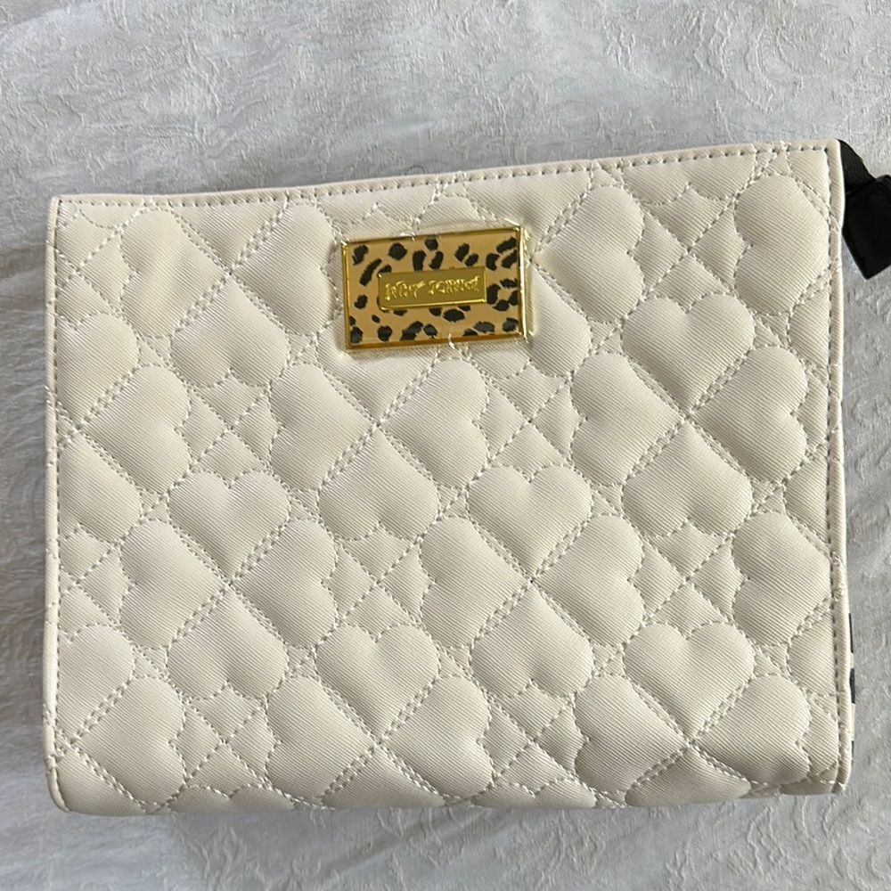 Betsey Johnson Cream Quilted Heart Clutch Cheetah Print